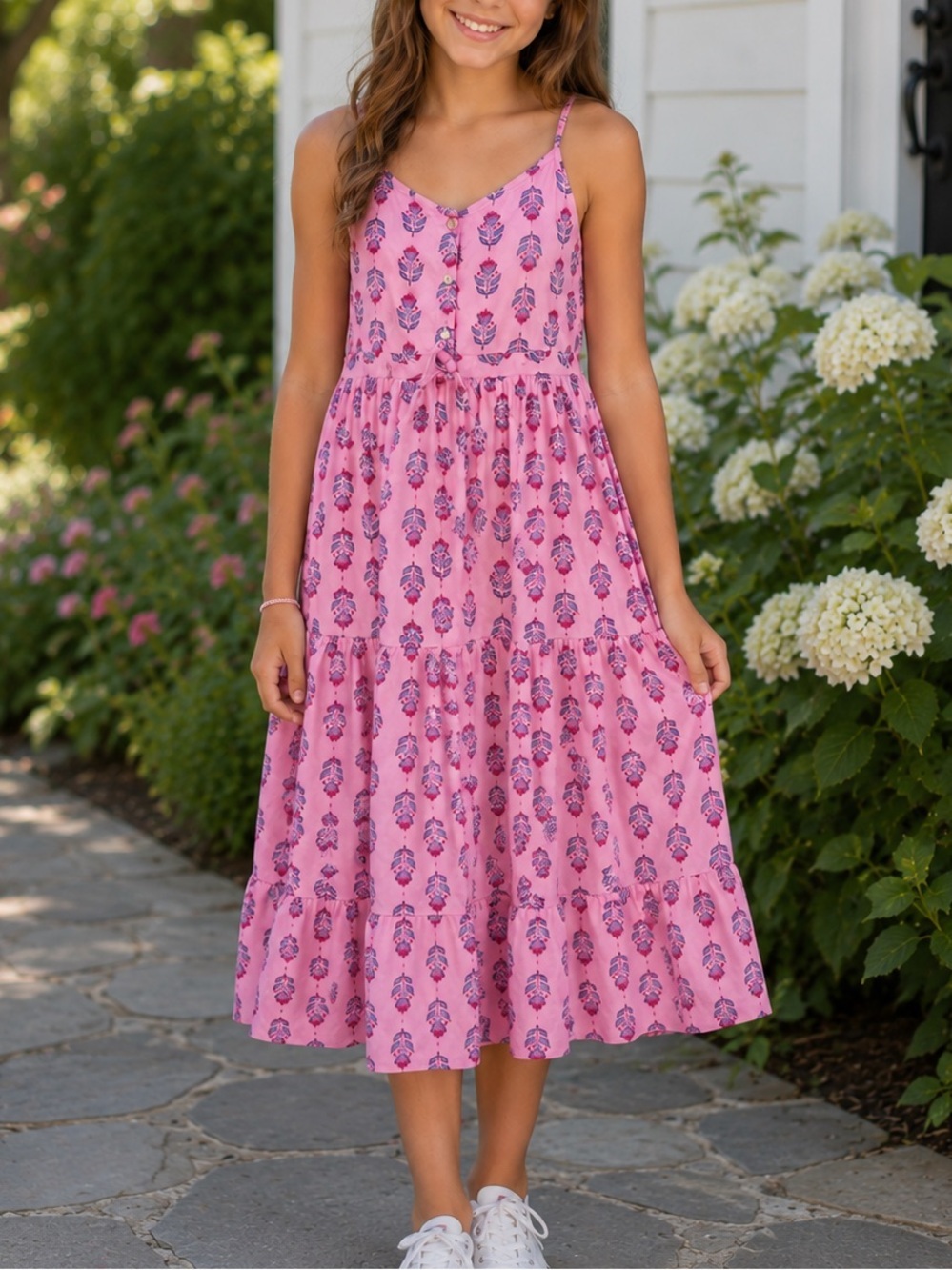 Old Navy Pink Posies Sleeveless Button-Front Tiered Matching Print Midi Dress